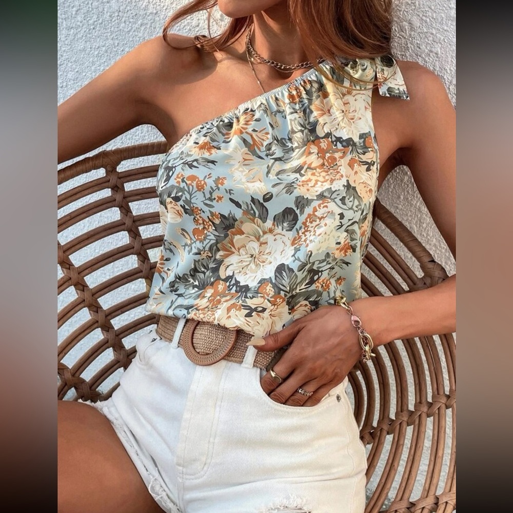 Boho floral print one shoulder top